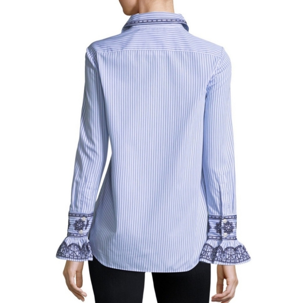 Tory Burch Blue & White Striped Embroidered Cuff Blouse - Picture 2 of 6